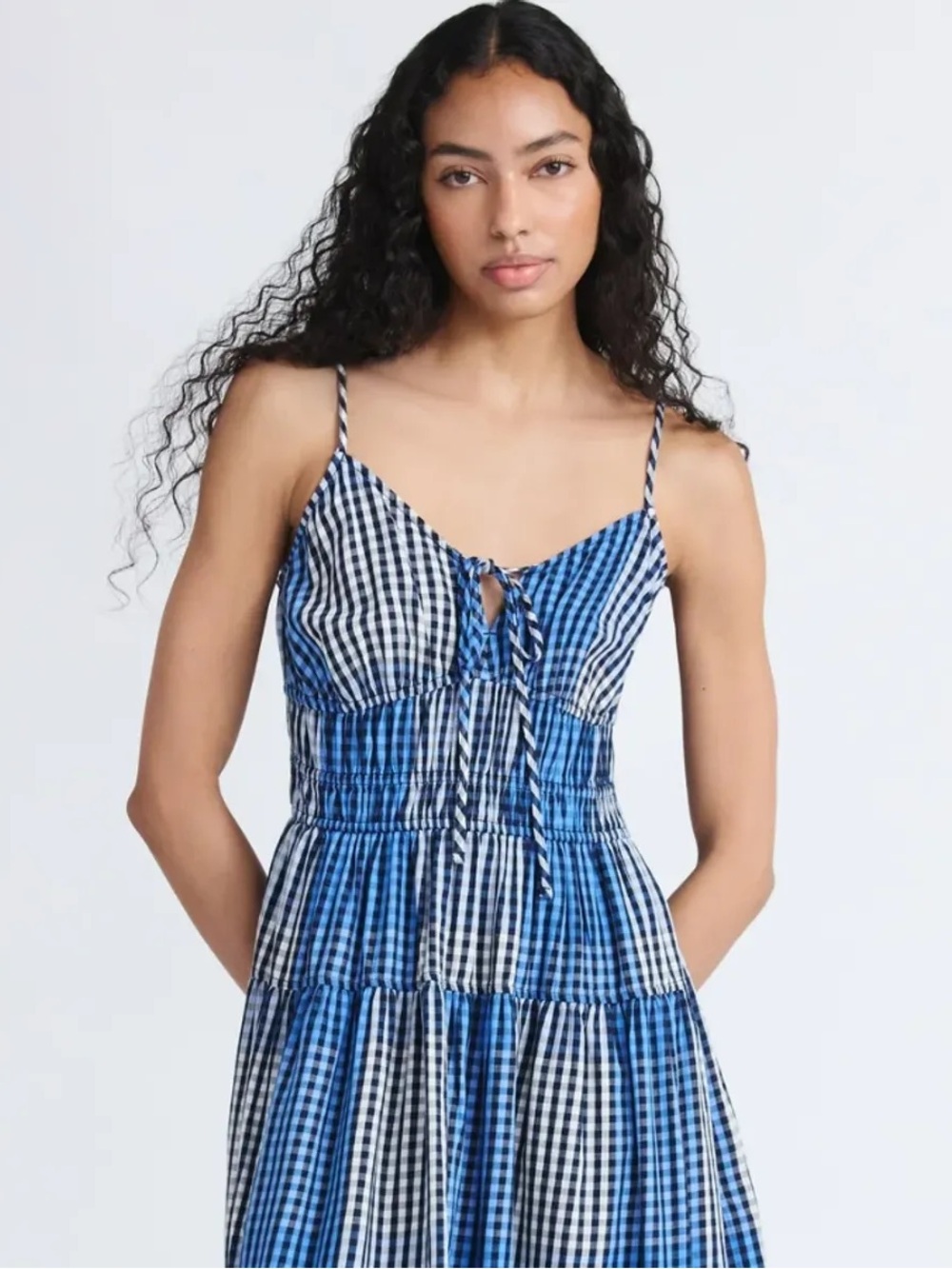Blue Gingham Maxi Dress with Tie Front